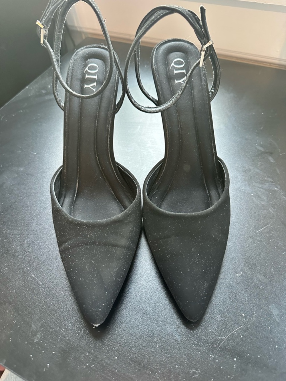 Qi Black Pointed Toe Ankle-Strap Heels